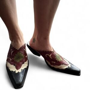 Multicoloured leather mules with floral cutouts